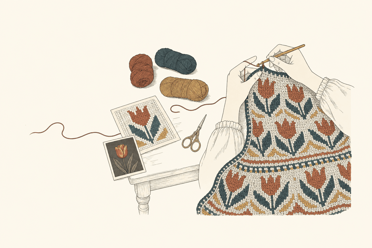 Illustration of hands crocheting a tulip colorwork blanket beside yarn skeins, a stitch chart, and a photograph